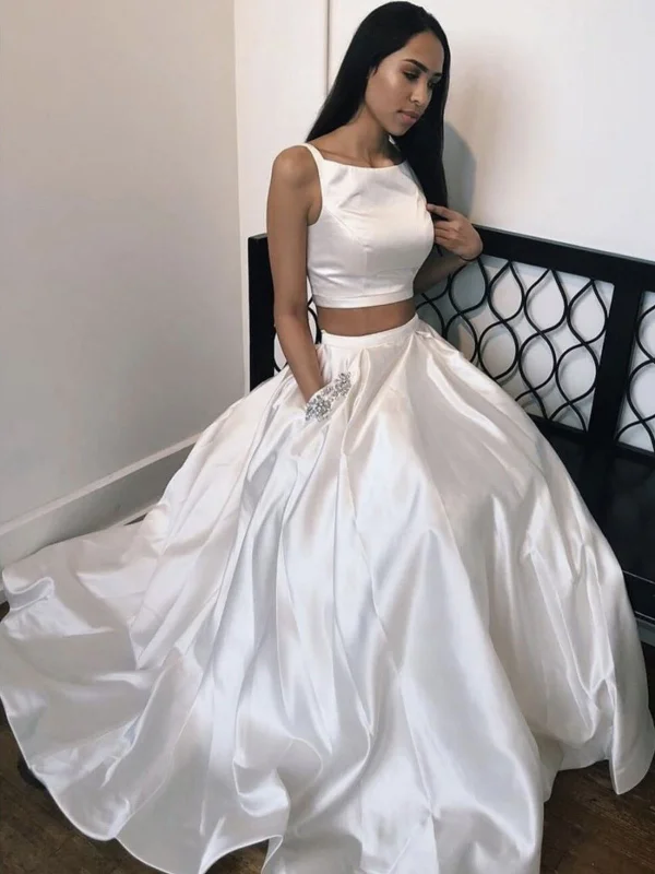 Sports Jumpsuit White satin two pieces long prom dress, white evening dress,DS1931