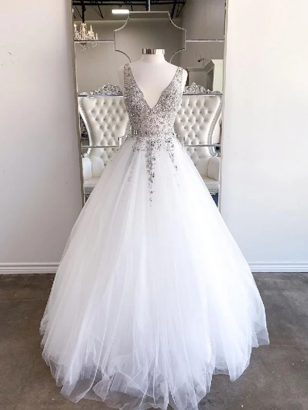 Street Fashion Style White v neck tulle beads sequin long prom dress white evening dress,DS1998 Street Fashion Style White v neck tulle beads sequin long prom dress white evening dress,DS1998