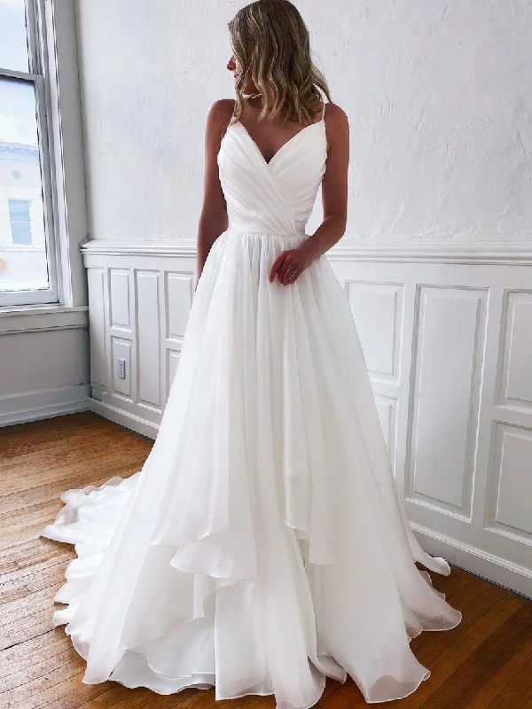Romantic And Sweet White v neck tulle long prom dress ,white evening dress,DS1969