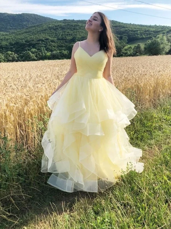 Personality Publicity Yellow v neck tulle long prom dress, yellow tulle formal dress,DS1970 Personality Publicity Yellow v neck tulle long prom dress, yellow tulle formal dress,DS1970