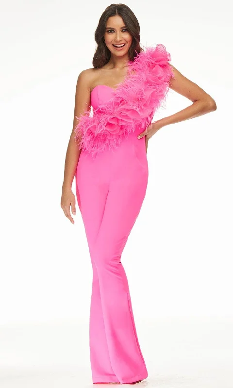 Sweet Modified Style Ashley Lauren - 11106 Feathered Asymmetric Jumpsuit