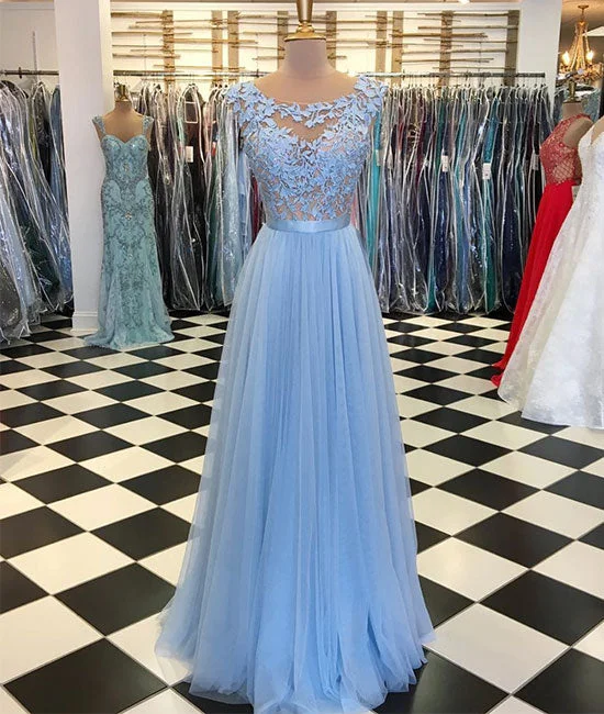 Free and comfortable Blue round neck tulle lace applique long prom dress, blue evening dress Free and comfortable Blue round neck tulle lace applique long prom dress, blue evening dress