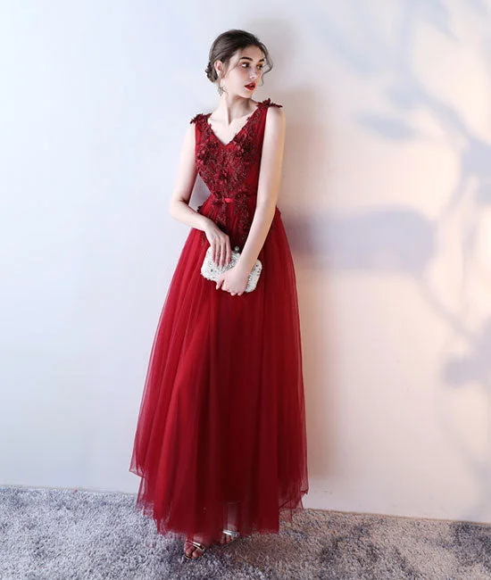 Sweet Student Style Burgundy v neck tulle lace applique long prom dress, burgundy evening dress Sweet Student Style Burgundy v neck tulle lace applique long prom dress, burgundy evening dress