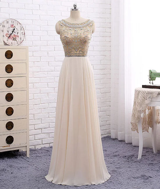 Sweet Korean Style Champagne round neck chiffon beads long prom dress, champagne evening dress Sweet Korean Style Champagne round neck chiffon beads long prom dress, champagne evening dress