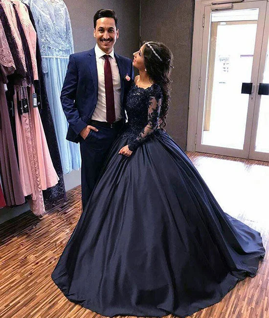Sweet Lace Design Dark blue round neck lace long prom dress, blue evening dress