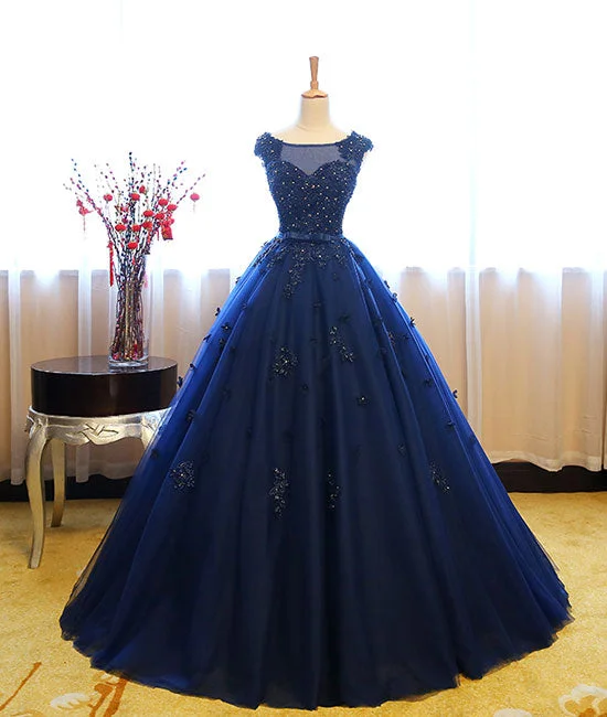 Sweet Puffy Skirt Dark blue tulle lace long prom dress, dark blue sweet 16 dress