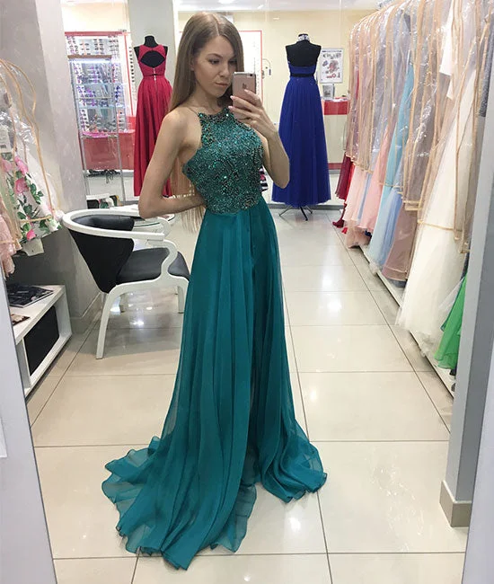 Retro Skirt Design Green chiffon round neck tulle beads long prom dress, green evening dress Retro Skirt Design Green chiffon round neck tulle beads long prom dress, green evening dress