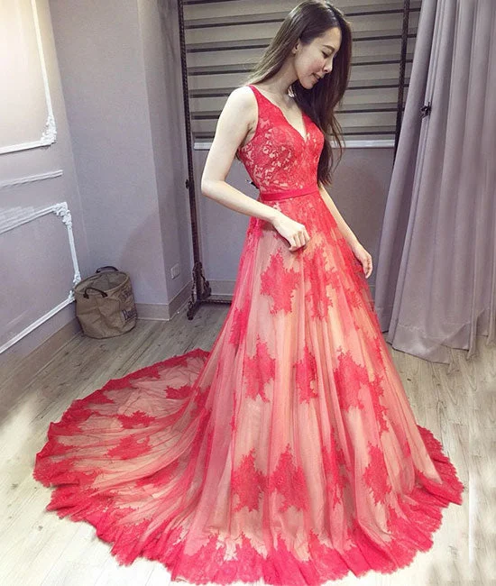 Romantic And Sweet Red v neck lace long prom dress, red lace evening dress