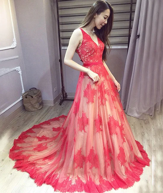 Retro Stripes Red v neck lace long prom dress, red lace evening dress