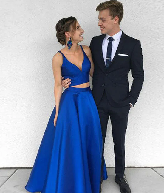 Affordable selection Simple two pieces blue satin long prom dress, blue evening dress Affordable selection Simple two pieces blue satin long prom dress, blue evening dress