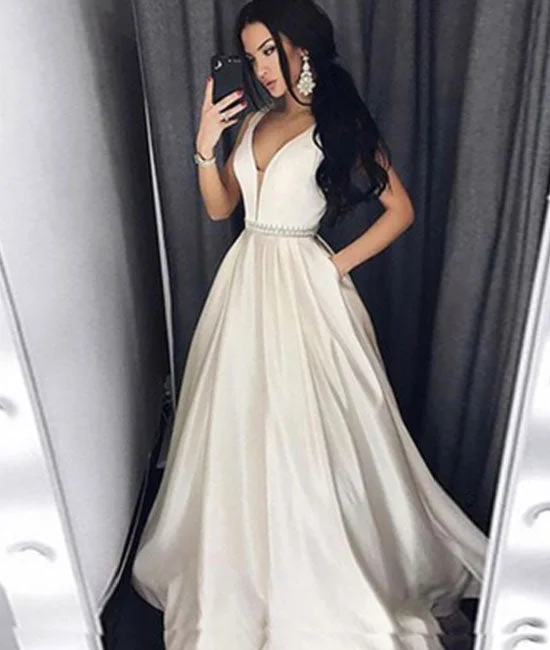 High-end atmosphere Simple white v neck satin long prom dress, white evening dress
