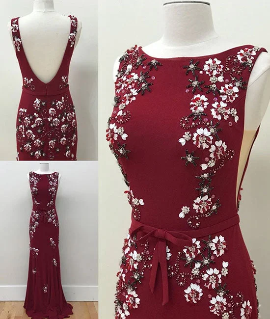 Sweet Small Flower Pattern Unique round neck chiffon beads long prom dress, burgundy evening dress Sweet Small Flower Pattern Unique round neck chiffon beads long prom dress, burgundy evening dress