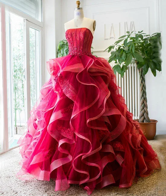 Urban Fashion Unique tulle lace burgundy long prom dress, burgundy evening dress