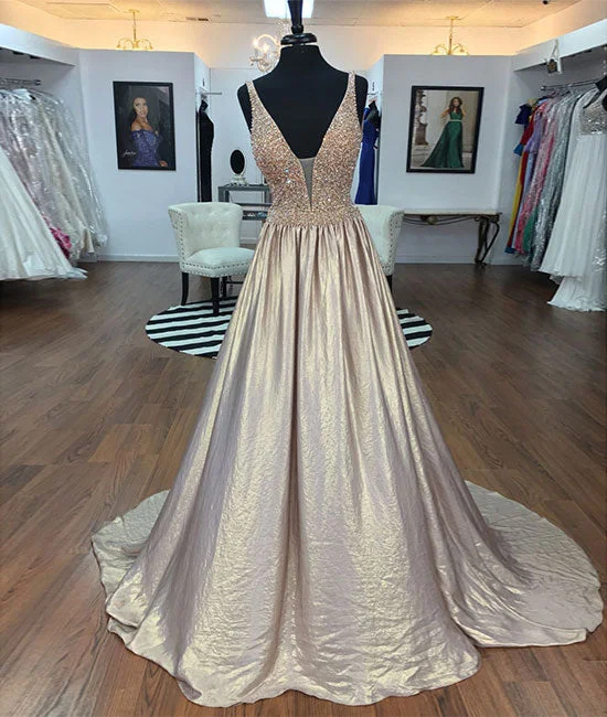 Letter embroidery Unique v neck beads long prom dress, beads evening dress