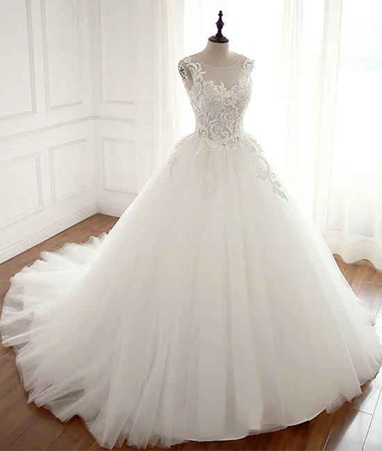 Fashion Style White round neck tulle lace applique long wedding dress, white evening dress Fashion Style White round neck tulle lace applique long wedding dress, white evening dress