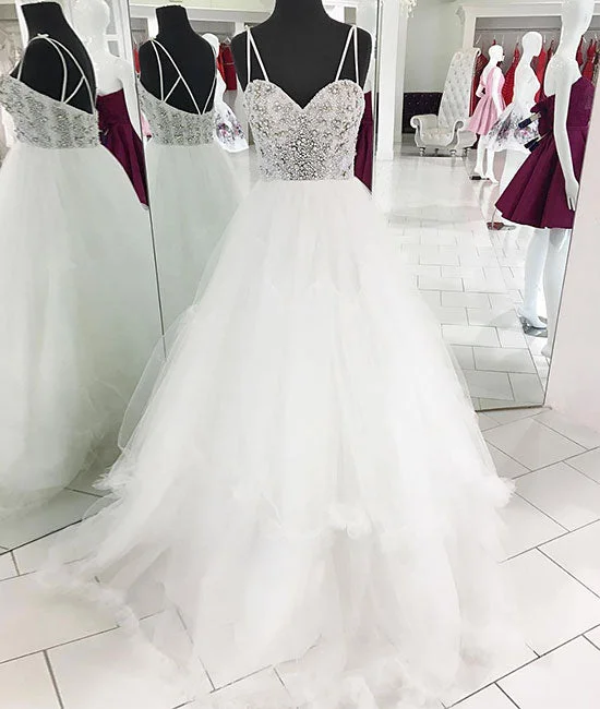 Round neck design White sweetheart neck tulle beads long prom dress, white evening dress Round neck design White sweetheart neck tulle beads long prom dress, white evening dress