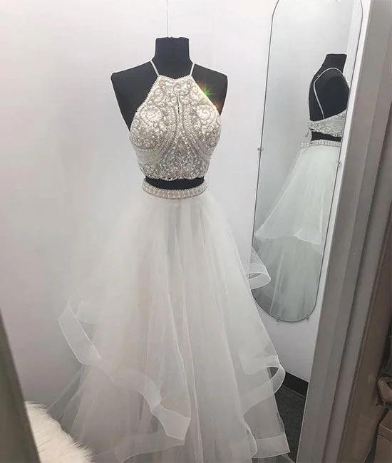Street Vertical And Horizontal Design White two pieces tulle beads long prom dress, white evening dress Street Vertical And Horizontal Design White two pieces tulle beads long prom dress, white evening dress