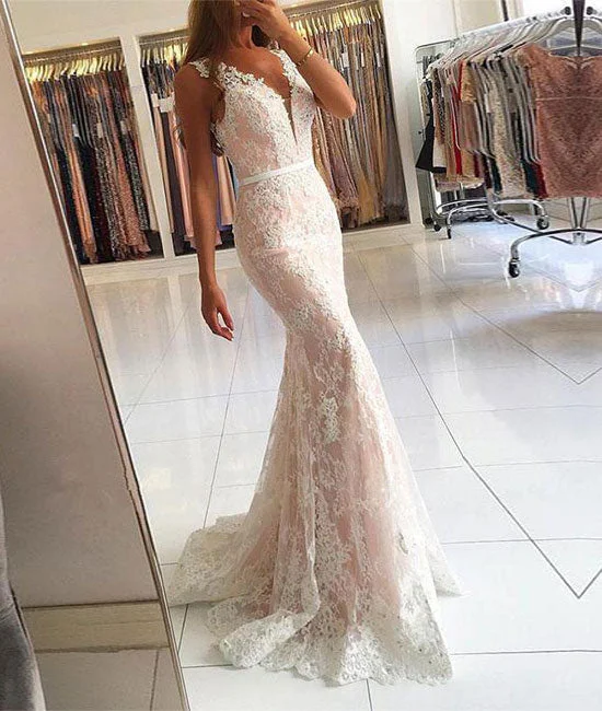 Alice style White v neck lace mermaid long prom dress, lace evening dress